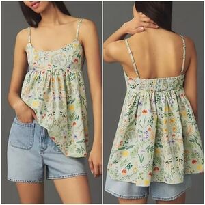 Anthropologie New Hutch Green Floral Babydoll Tank Top SZ Small Cottagecore Boho